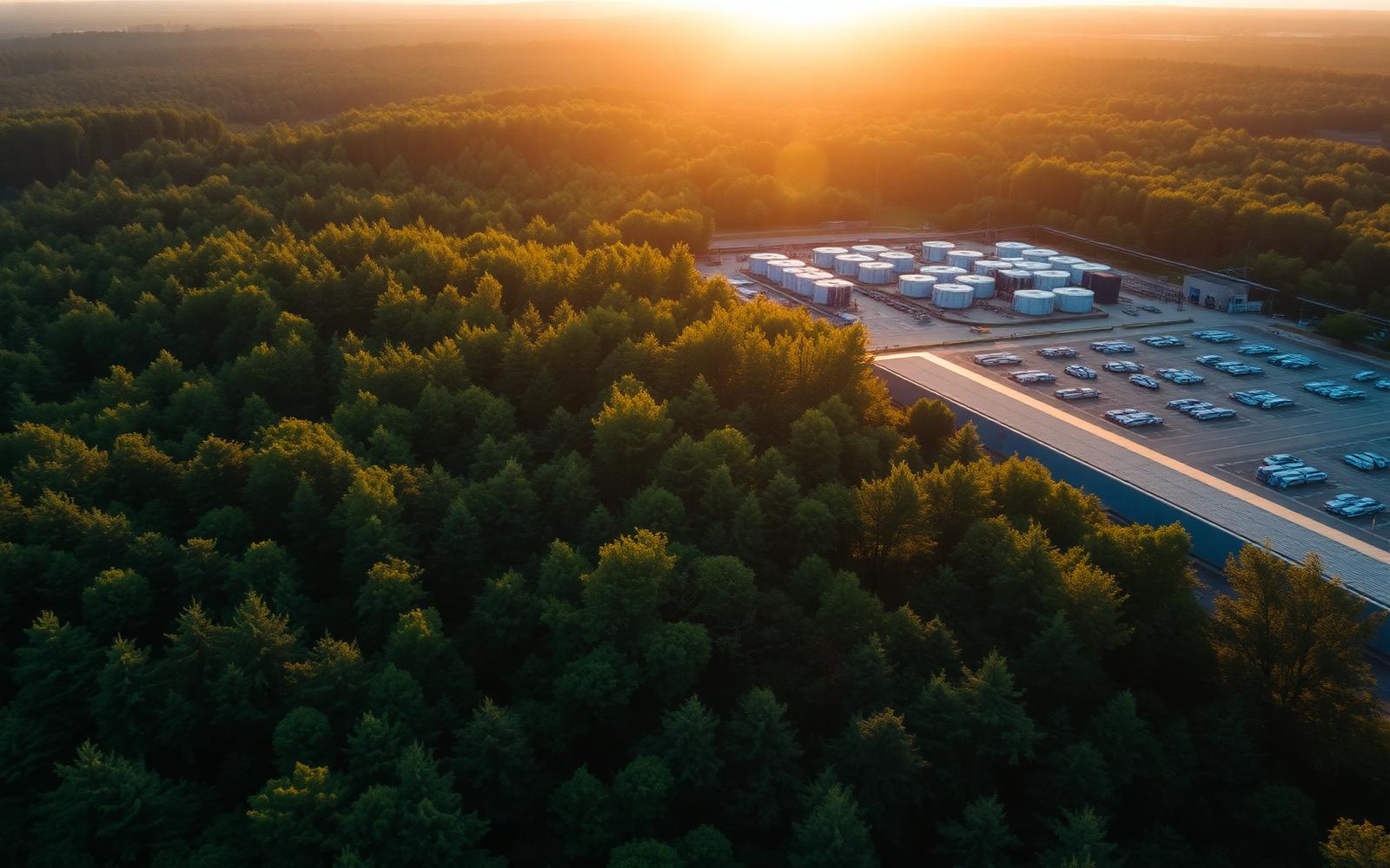 Forest meets recycling facility at sunrise