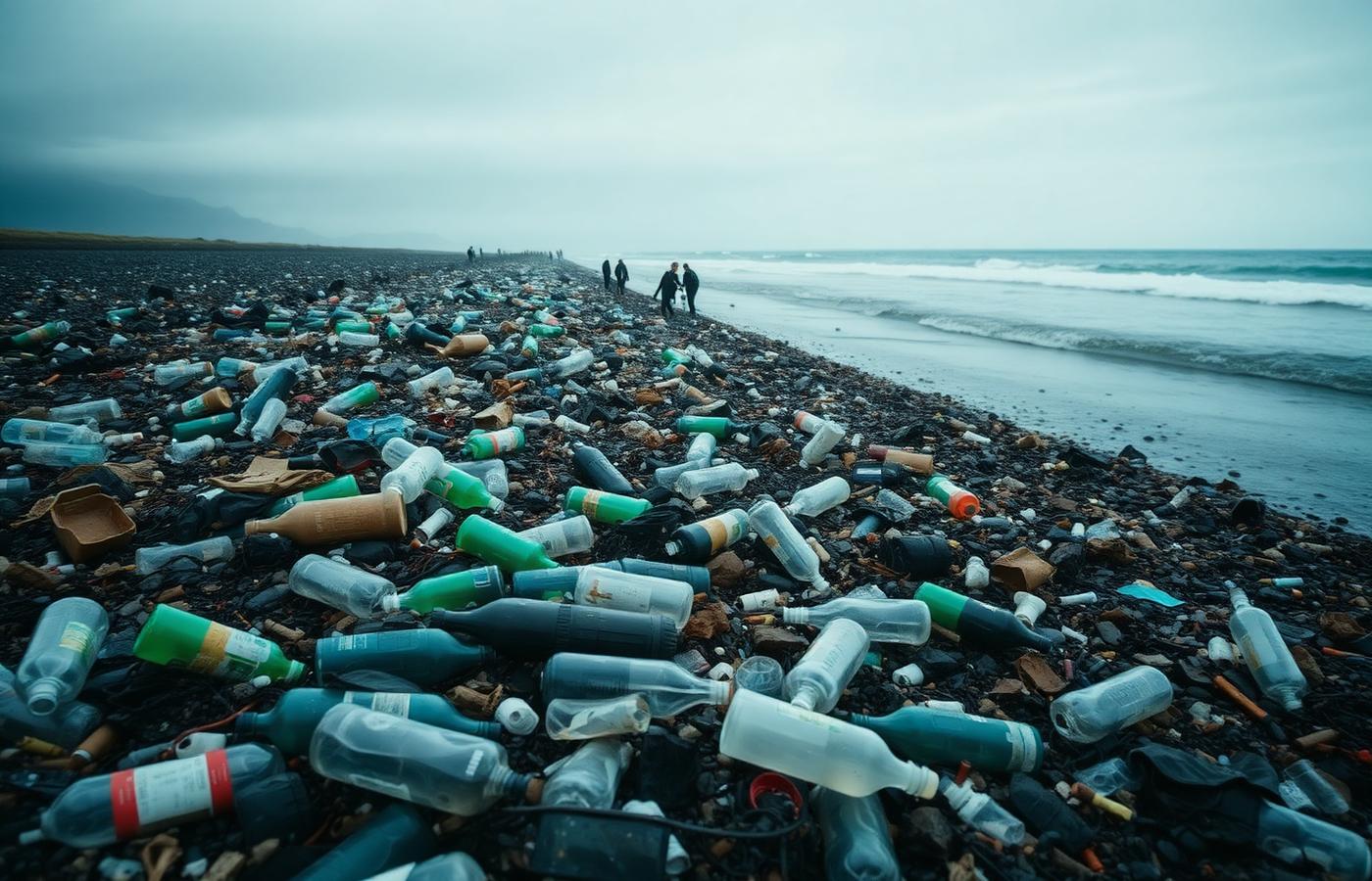 Polluted shoreline covered in plastic waste